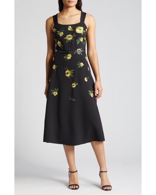 AK Anne Klein Floral Embroidered Belted A-Line Dress Anne Black/Lemon Zest Multi