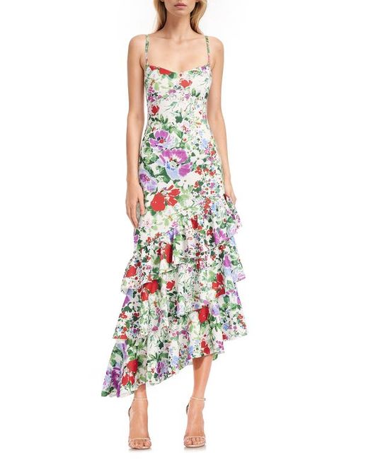 Jewel Badgley Mischka Floral Ruffle Detail Asymmetric Midi Dress
