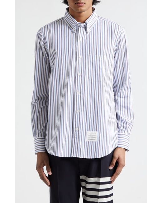 Thom Browne Straight Fit Stripe Cotton Poplin Button-Down Shirt