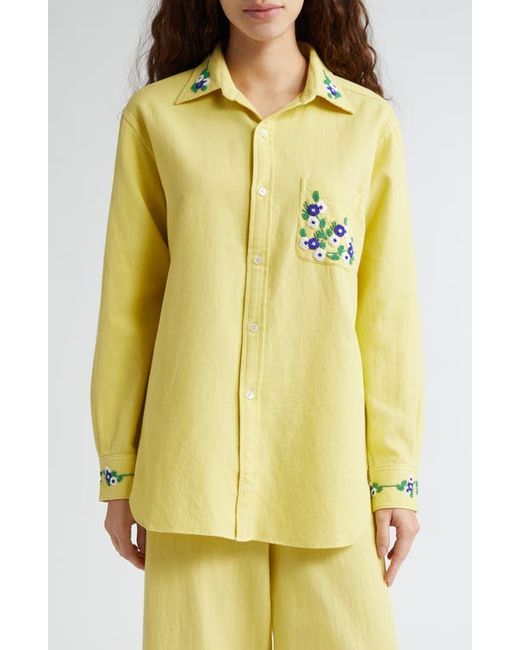 Bode Chicory Beaded Long Sleeve Cotton Button-Up Shirt