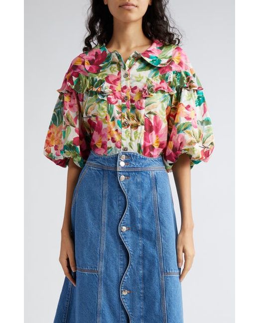 Farm Rio Painted Flowers Ruffle Puff Sleeve Cotton Button-Up Shirt Off