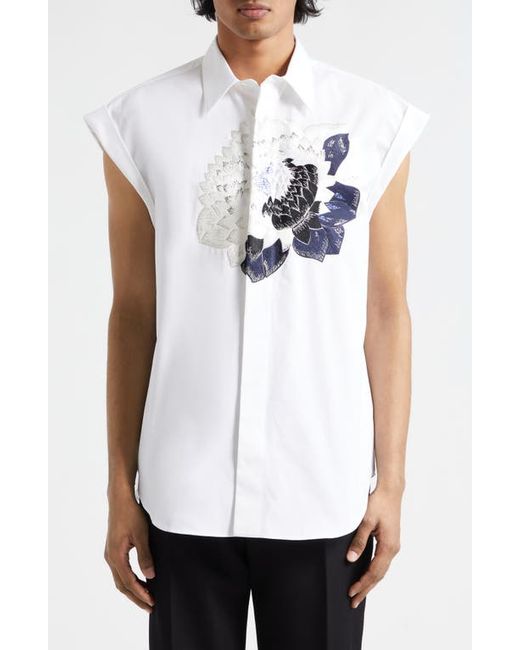 Alexander McQueen Dutch Flower Embroidered Sleeveless Cotton Poplin Button-Up Shirt