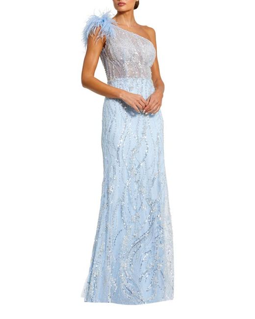 Mac Duggal Feather One-Shoulder Embroidered Gown
