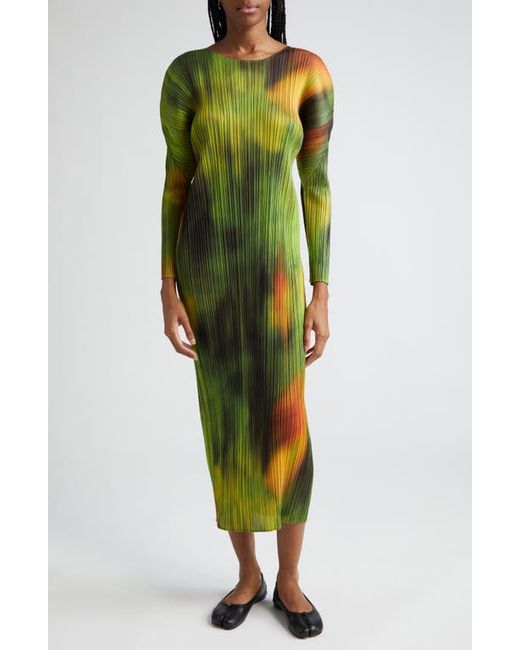Pleats Please By Issey Miyake Abstract Print Pleated Long Sleeve Dress