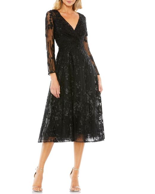 Mac Duggal Embellished Floral Lace Long Sleeve Fit Flare Cocktail Dress
