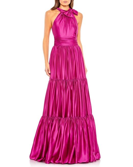 Mac Duggal Bow Detail Tiered Satin A-Line Gown