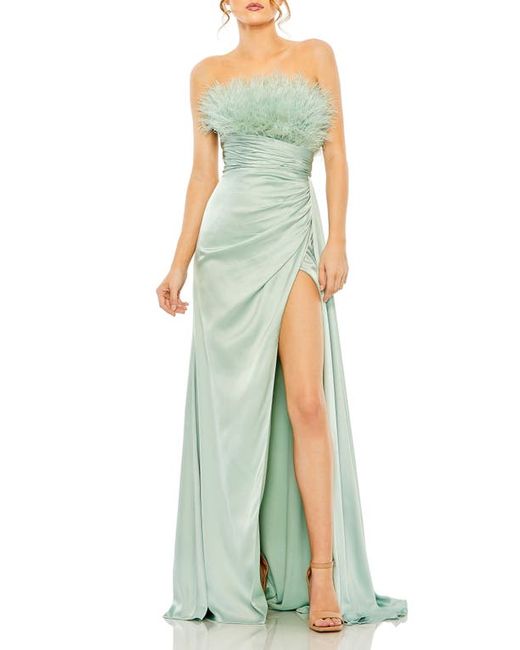 Mac Duggal Feather Detail Ruched Strapless Gown