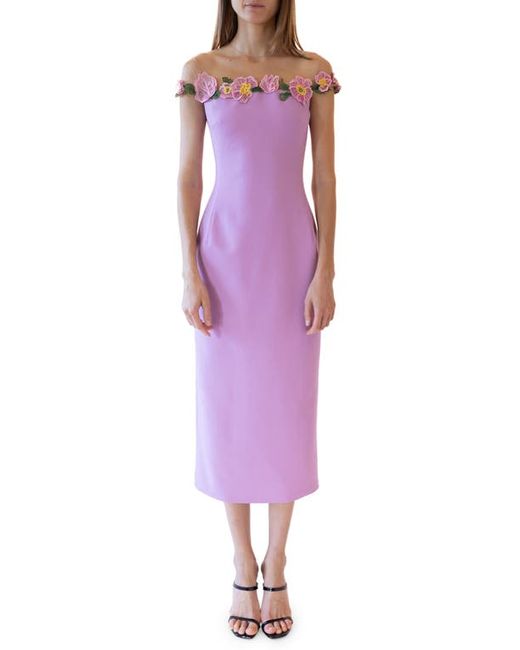 Oscar de la Renta Embroidered Poppy Illusion Neck Virgin Wool Blend Dress