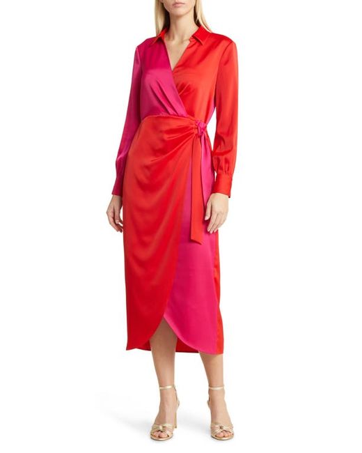 AK Anne Klein Colorblock Long Sleeve Satin Faux Wrap Dress Poppy/Amaranth