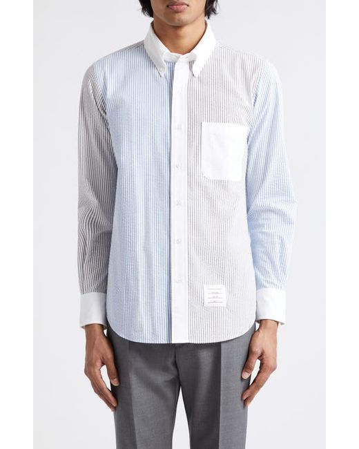 Thom Browne Straight Fit Stripe Cotton Seersucker Button-Down Shirt