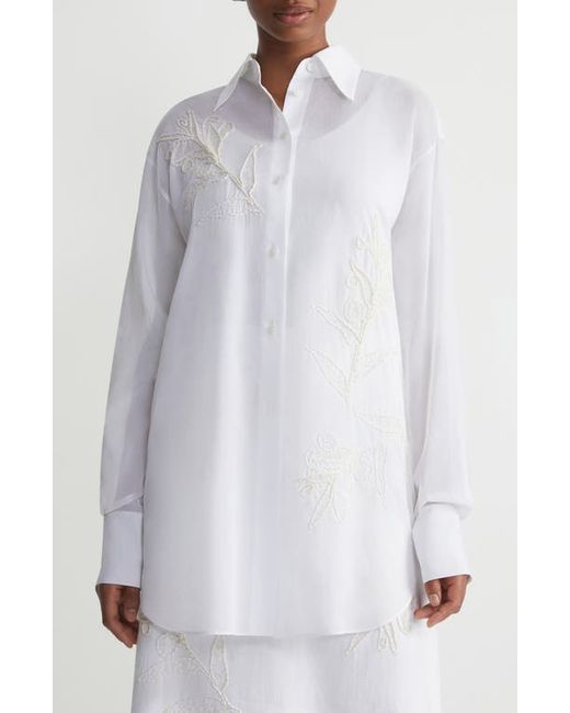 Lafayette 148 New York Floral Embroidered Oversize Cotton Button-Up Shirt