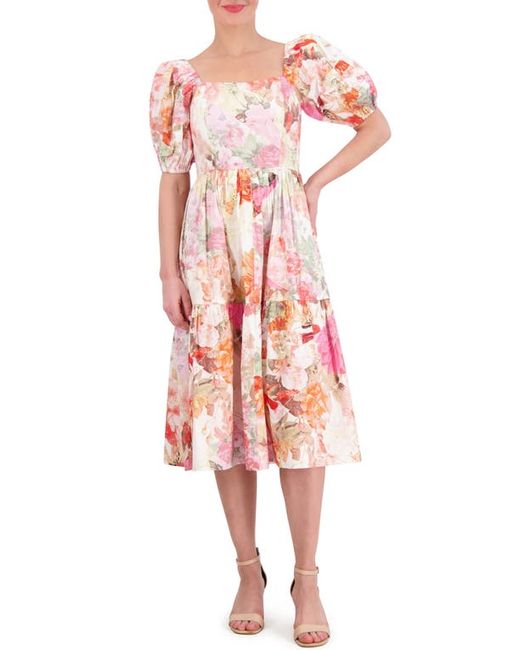 Vince Camuto Floral Square Neck Puff Sleeve Cotton Midi Dress