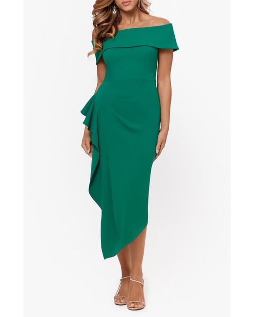 Betsy & Adam Ruffle Off the Shoulder Cocktail Midi Dress