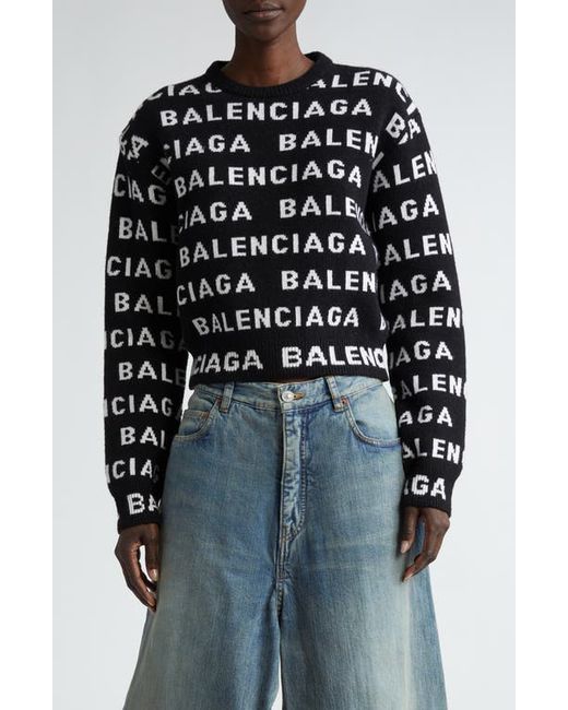 Balenciaga Allover Logo Crop Wool Blend Sweater Black