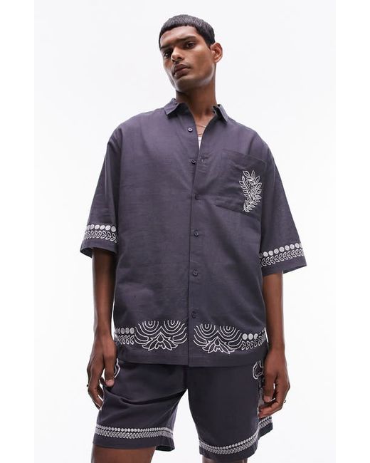Topman Embroidered Cotton Linen Button-Up Shirt