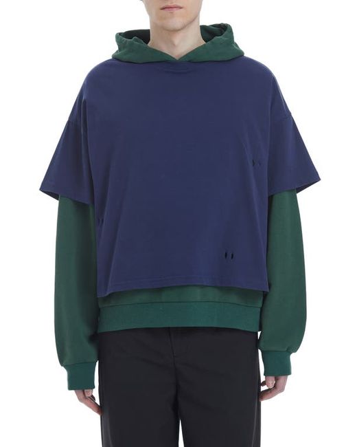 Found Colorblock Layered Look Cotton Hoodie Navy/Forest