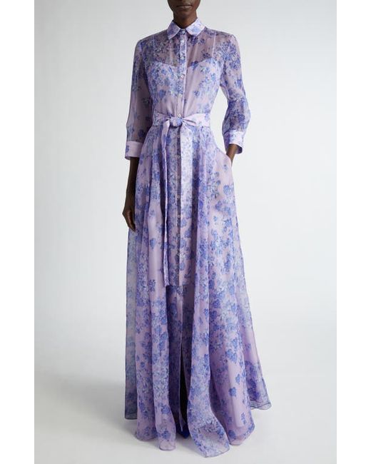 Carolina Herrera Floral Print Button Front Belted Silk Gown
