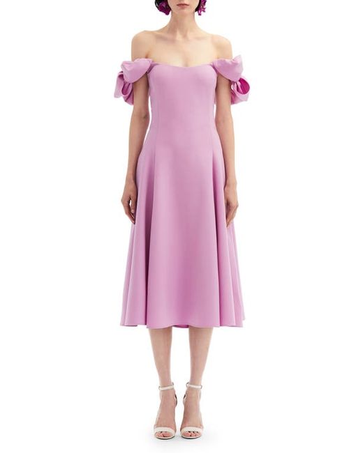 Oscar de la Renta Bow Cap Sleeve Off the Shoulder Virgin Wool Blend Dress