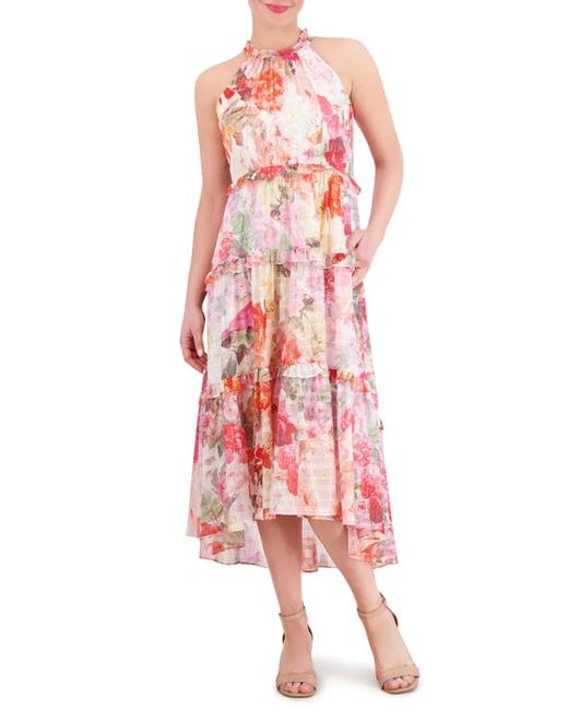 Vince Camuto Floral Metallic Stripe High-Low Tiered Midi Dress