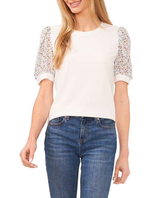 Cece Mixed Media Floral Puff Sleeve Top