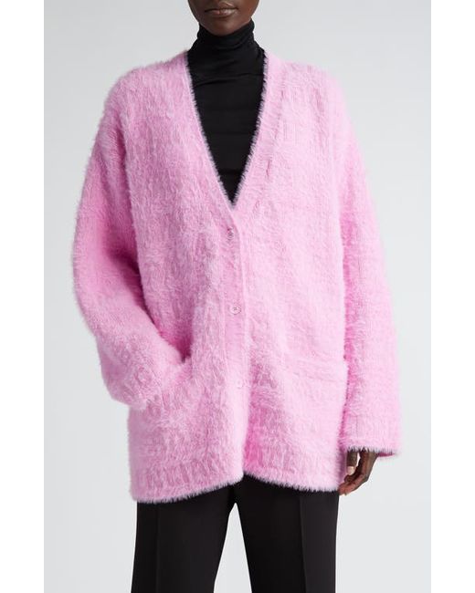 Balenciaga Oversize Furry Logo Jacquard Wool Blend Cardigan