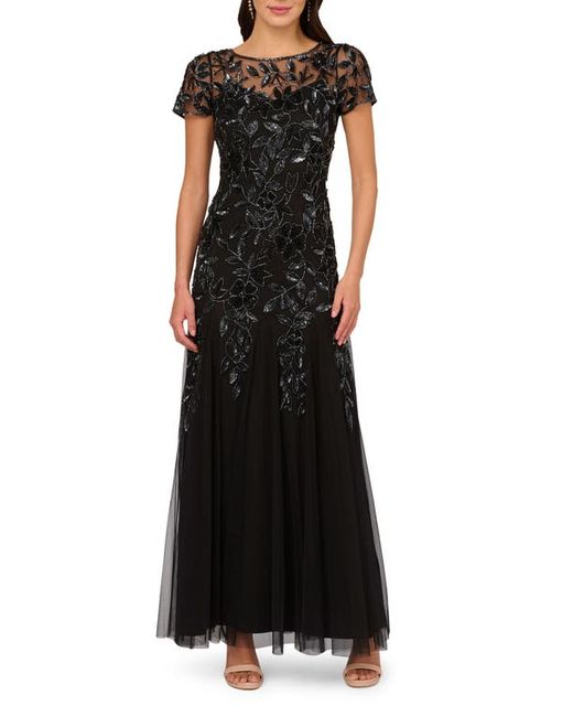 Adrianna Papell Floral Embroidered Beaded Trumpet Gown Gunmetal