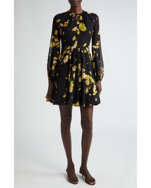 Giambattista Valli Floral Print Long Sleeve Silk Chiffon Dress Yellow