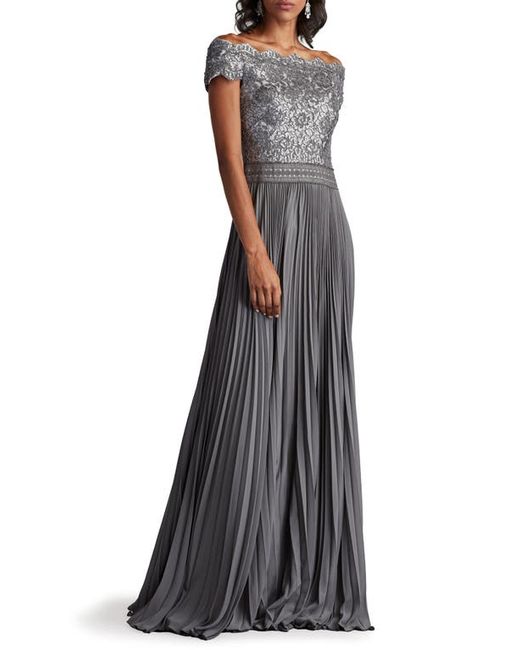Tadashi Shoji Off the Shoulder Sequin Lace Pleated Gown