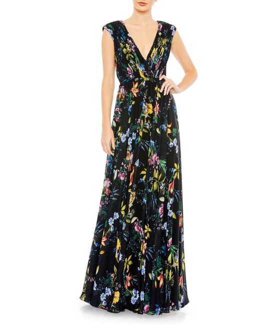 Mac Duggal Floral Pleated Sleeveless Gown