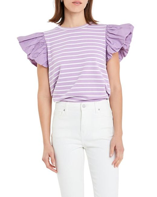 English Factory Mixed Media Stripe Ruffle Sleeve Top Lilac/White