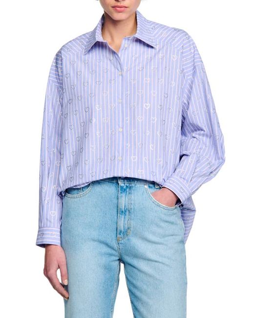 Sandro Valentine Stripe Rhinestone Heart Cotton Button-Up Shirt