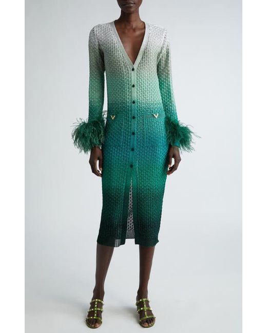 Valentino Garavani Feather Cuff Metallic Gradient Sweater-Minidress Verde