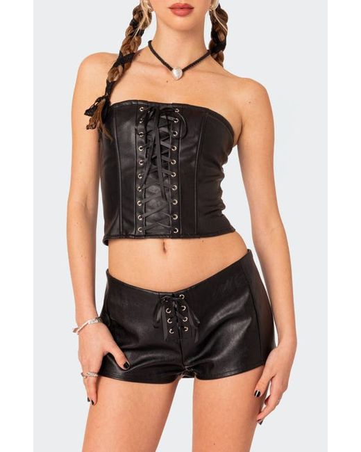 Edikted Wilde Faux Leather Lace-Up Strapless Corset Top