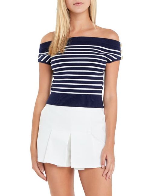 English Factory Stripe Off the Shoulder Sweater Navy/White