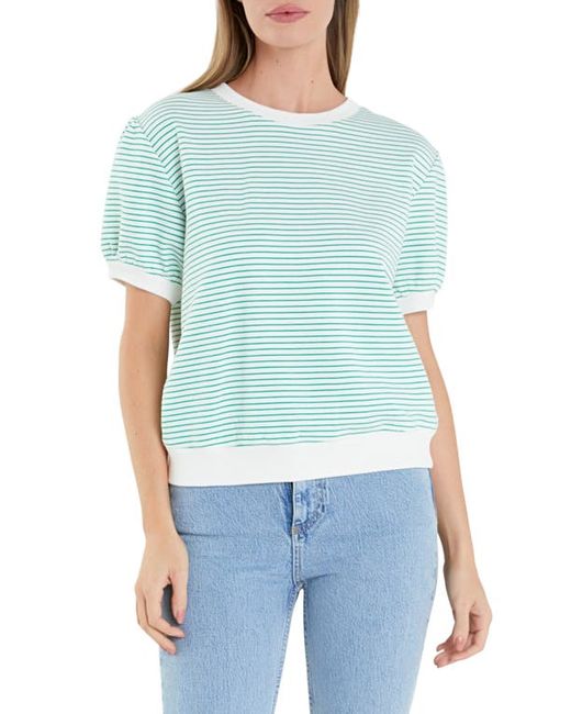 English Factory Stripe Puff Sleeve French Terry Top White