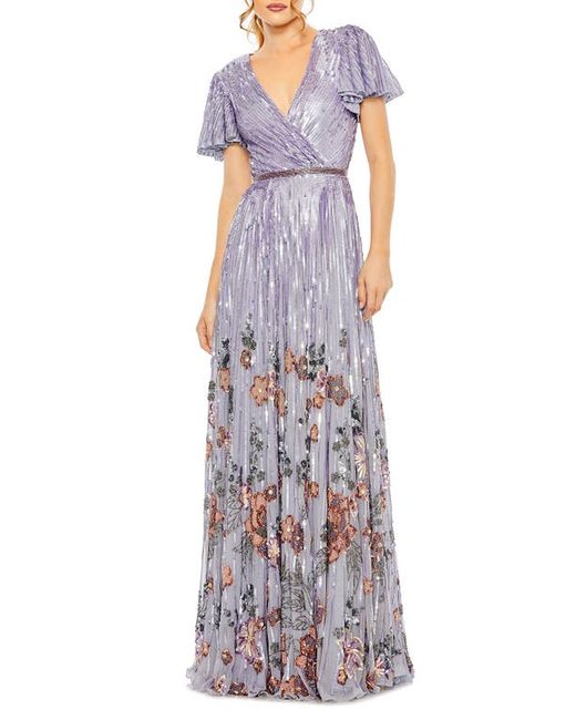 Mac Duggal Sequin Floral Flutter Sleeve Gown
