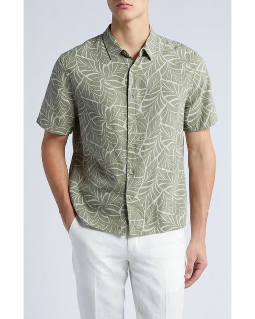 Vince Knotted Leaves Linen Blend Short Sleeve Button-Up Shirt