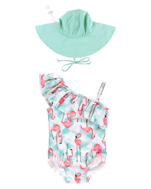 RuffleButts Flamingo Print One-Piece Swimsuit Hat Set