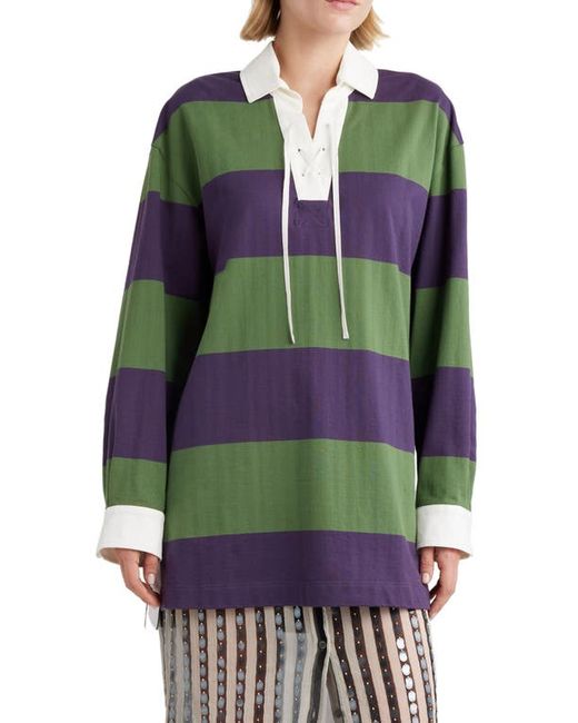 Dries Van Noten Block Stripe Lace-Up Cotton Linen Blend Rugby Shirt