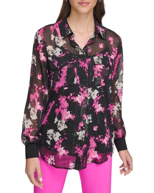 Dkny Metallic Print Chiffon Button-Up Shirt Black/Shocking Pink Multi