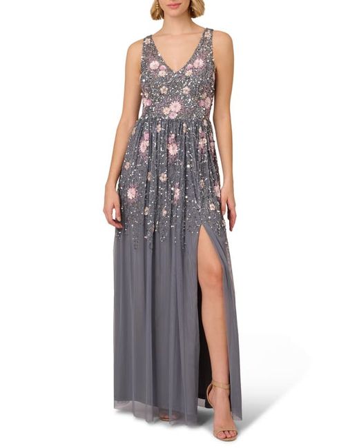 Adrianna Papell Floral Beaded Sleeveless Mesh Gown