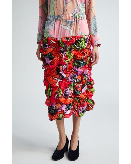 Comme Des Garçons Floral Ruched Satin Midi Skirt
