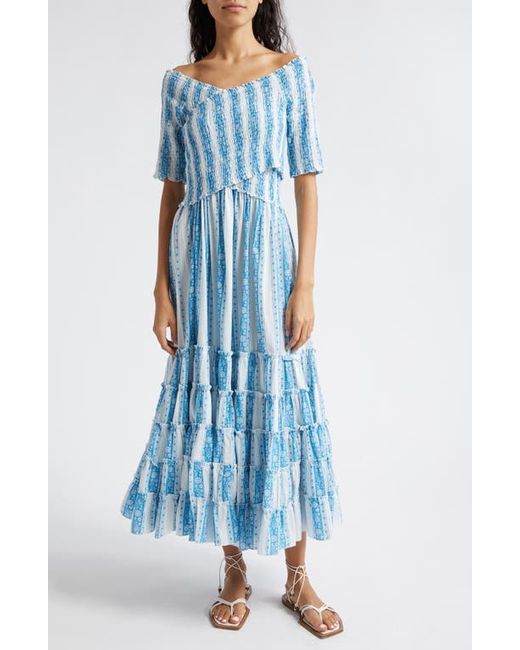 Mille Celia Stripe Smocked Bodice Tiered Ruffle Maxi Dress