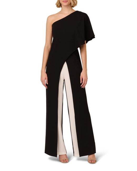 Adrianna Papell One-Shoulder Crepe Overlay Jumpsuit Black/Ivory