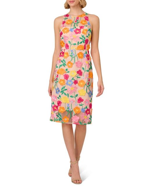 Adrianna Papell Floral Embroidered A-Line Midi Dress Pink/Yellow Multi