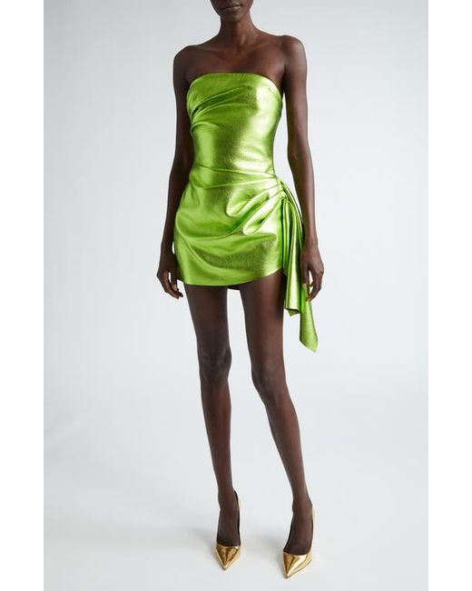 Laquan Smith Asymmetric Pleated Strapless Leather Cocktail Dress