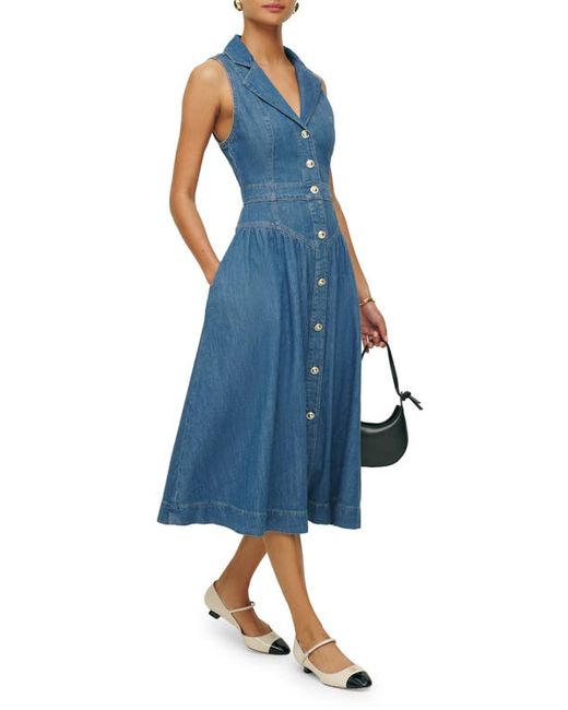 Reformation Ellison Sleeveless Button-Front Denim Midi Dress