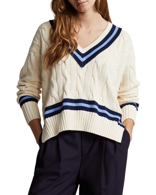 Polo Ralph Lauren Cabled Cotton Cricket Sweater Cream W/Navy Stripe