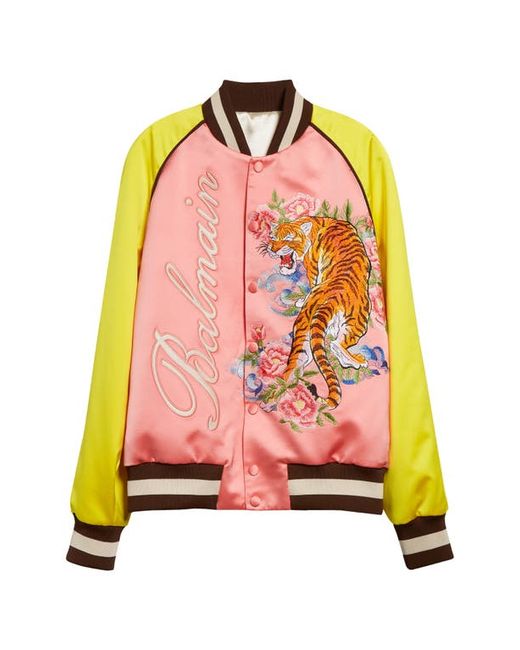 Balmain Embroidered Tiger Colorblock Bomber Jacket