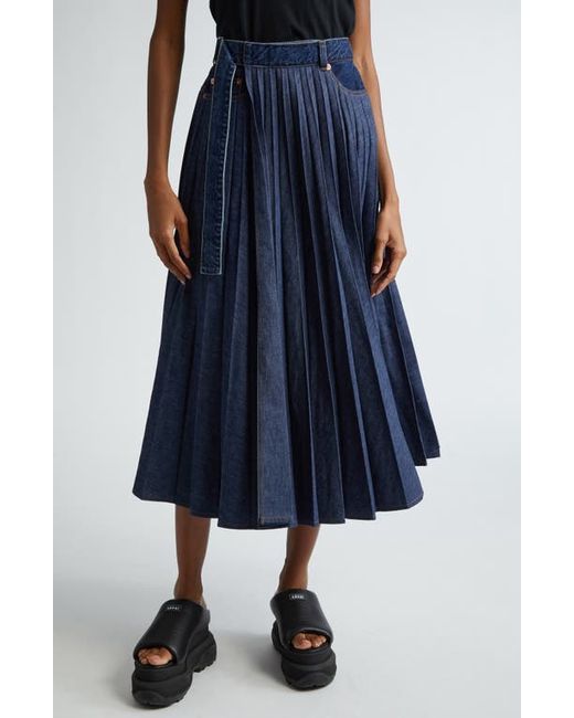 Sacai Belted Pleated Denim Midi Skirt